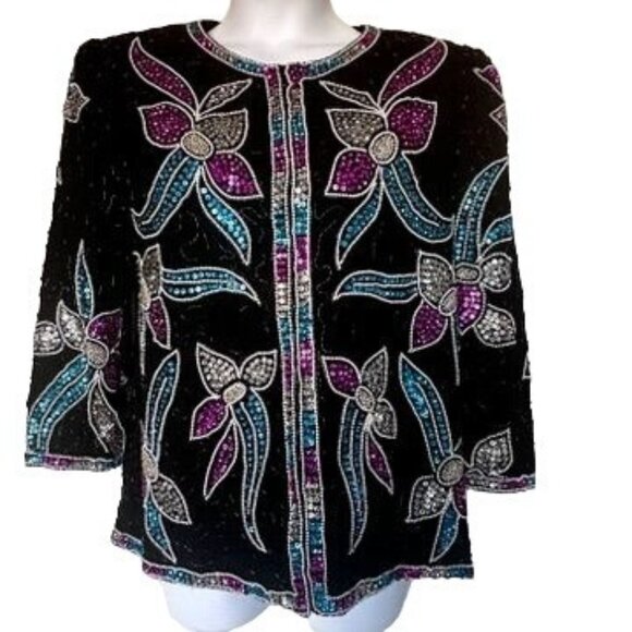 NWT Vintage Black Sequin Beaded Floral Jacket 100% Silk Size Large by Stenay - Picture 1 of 14